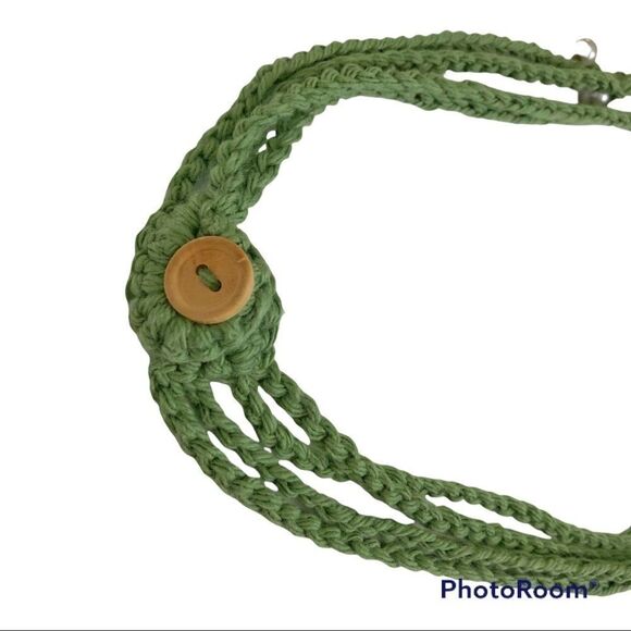 Hand Crafted Crochet Boho Bead Necklace Green Gray Beads Wood Button Pearlcore - Picture 4 of 9